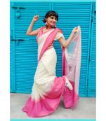Define elegance with comfort in this khadi cotton saree, breezy white with contrast pink pallu
