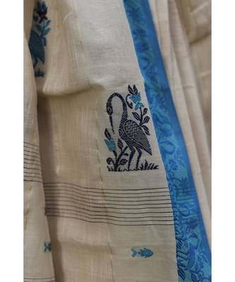 Stunning khadi cotton saree in timeless combination of cream body, azure border & delicate flamingo motifs 3