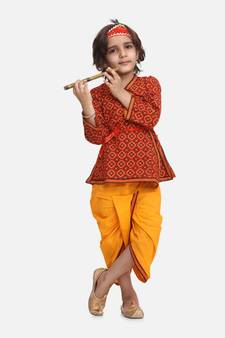 Yellow Printed cotton Angrakha Kurta Set With Mukut & Flute
