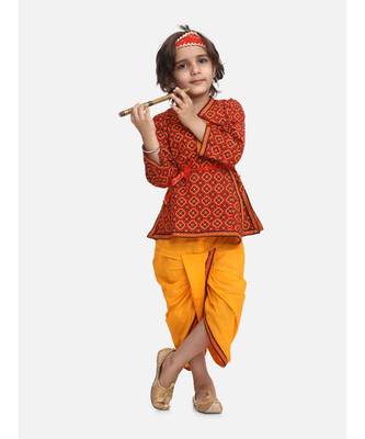 Yellow Printed cotton Angrakha Kurta Set With Mukut & Flute 1