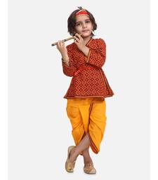 Yellow Printed cotton Angrakha Kurta Set With Mukut & Flute