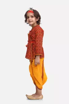 Yellow Printed cotton Angrakha Kurta Set With Mukut & Flute