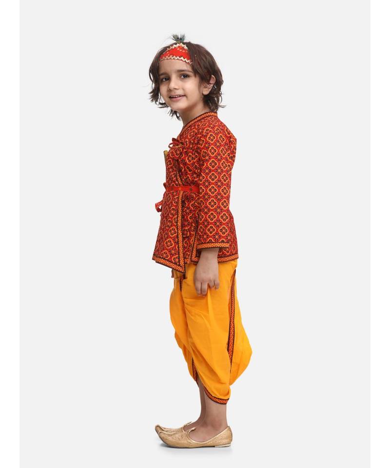Yellow Printed cotton Angrakha Kurta Set With Mukut & Flute