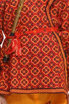 Yellow Printed cotton Angrakha Kurta Set With Mukut & Flute