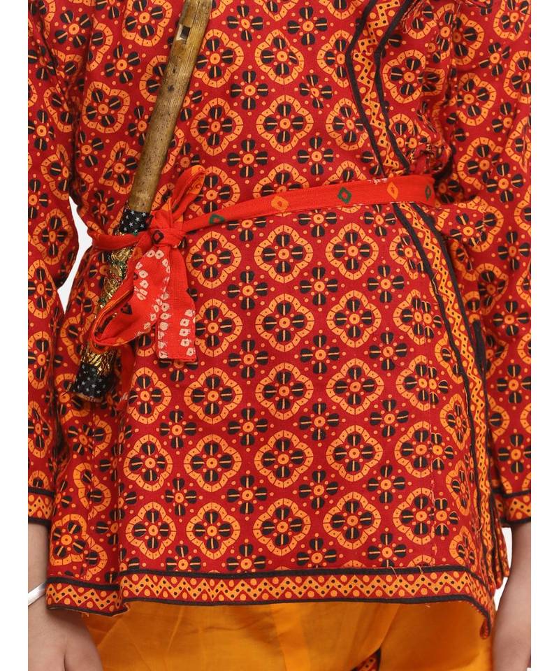 Yellow Printed cotton Angrakha Kurta Set With Mukut & Flute