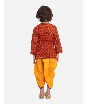Yellow Printed cotton Angrakha Kurta Set With Mukut & Flute 4