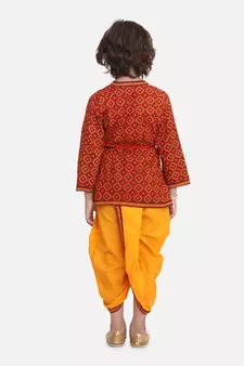 Yellow Printed cotton Angrakha Kurta Set With Mukut & Flute
