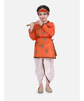 Orange Embroidered cotton Angrakha Kurta Set With Mukut & Flute 1