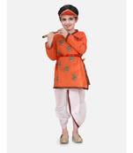Orange Embroidered cotton Angrakha Kurta Set With Mukut & Flute