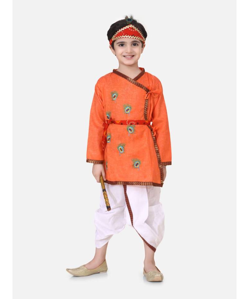Orange Embroidered cotton Angrakha Kurta Set With Mukut & Flute