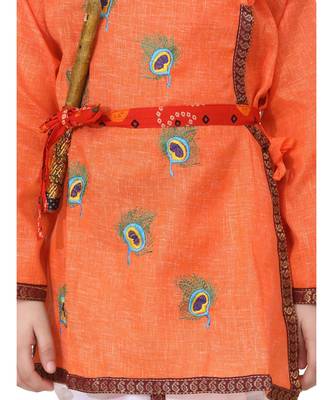 Orange Embroidered cotton Angrakha Kurta Set With Mukut & Flute 3