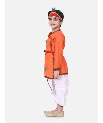 Orange Embroidered cotton Angrakha Kurta Set With Mukut & Flute 4