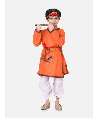 Orange Embroidered cotton Angrakha Kurta Set With Mukut & Flute 1