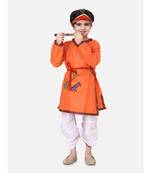 Orange Embroidered cotton Angrakha Kurta Set With Mukut & Flute