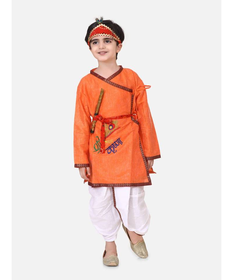 Orange Embroidered cotton Angrakha Kurta Set With Mukut & Flute