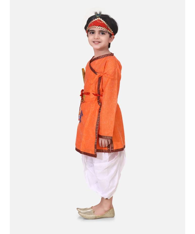 Orange Embroidered cotton Angrakha Kurta Set With Mukut & Flute