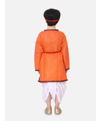 Orange Embroidered cotton Angrakha Kurta Set With Mukut & Flute 4