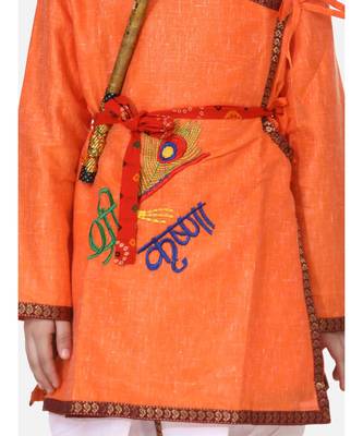 Orange Embroidered cotton Angrakha Kurta Set With Mukut & Flute 5