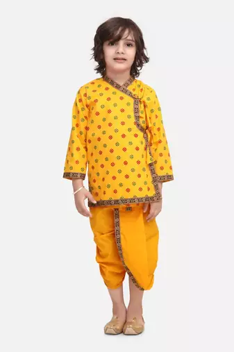 Yellow Printed cotton Angrakha Kurta Set