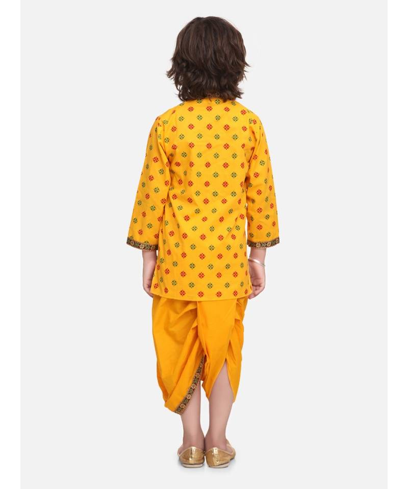 Yellow Printed cotton Angrakha Kurta Set