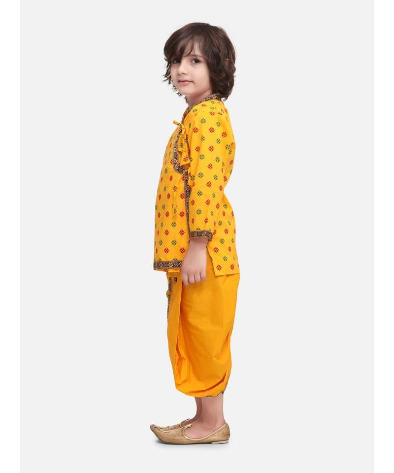 Yellow Printed cotton Angrakha Kurta Set