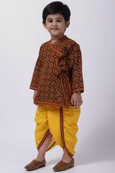 Black Printed cotton Angrakha Kurta Set