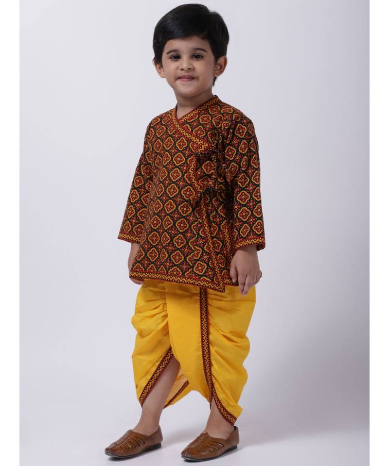 Black Printed cotton Angrakha Kurta Set