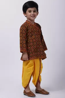 Black Printed cotton Angrakha Kurta Set