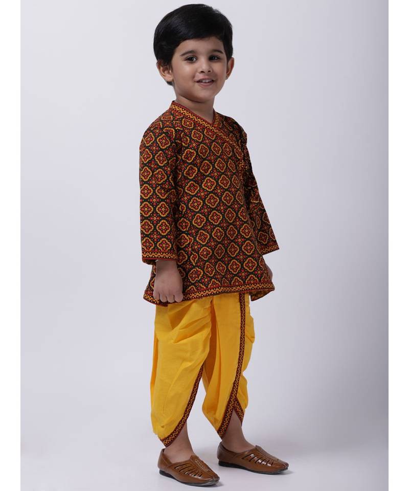 Black Printed cotton Angrakha Kurta Set