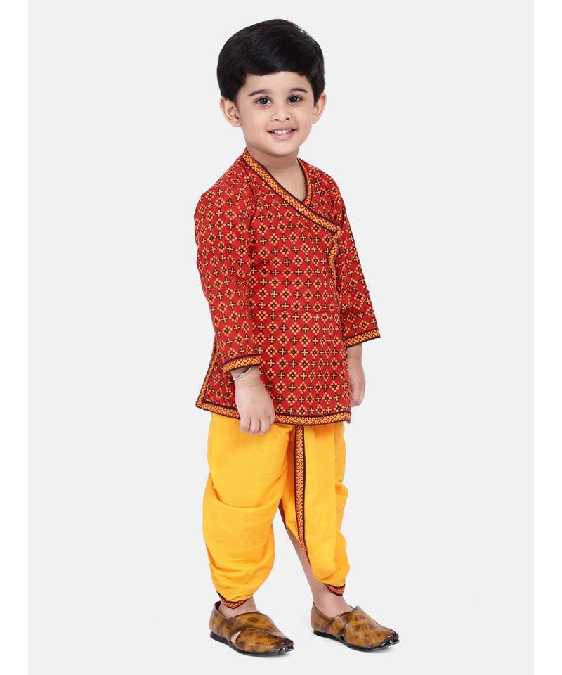 Red Printed cotton Angrakha Kurta Set
