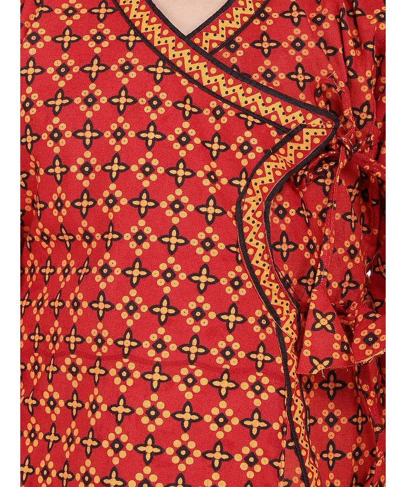 Red Printed cotton Angrakha Kurta Set