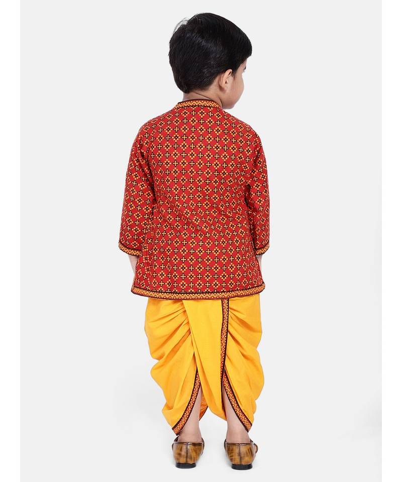 Red Printed cotton Angrakha Kurta Set