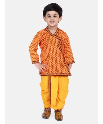 Yellow Printed cotton Angrakha Kurta Set 1