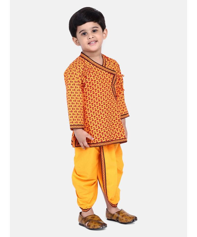 Yellow Printed cotton Angrakha Kurta Set