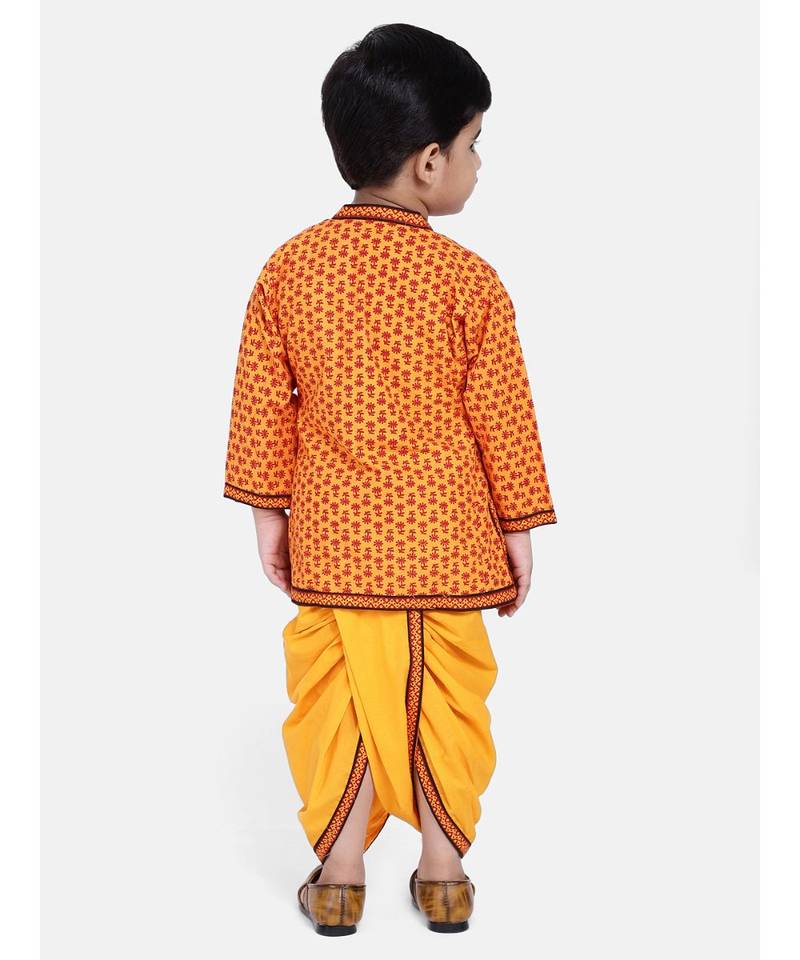 Yellow Printed cotton Angrakha Kurta Set