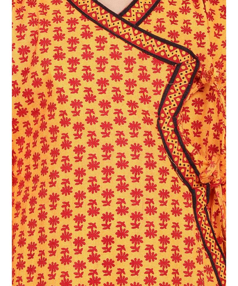 Yellow Printed cotton Angrakha Kurta Set