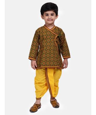 Green Printed cotton Angrakha Kurta Set 1