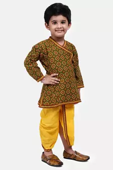 Green Printed cotton Angrakha Kurta Set