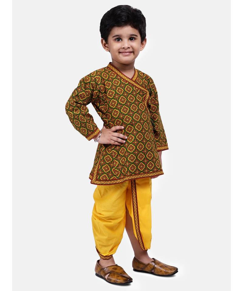 Green Printed cotton Angrakha Kurta Set