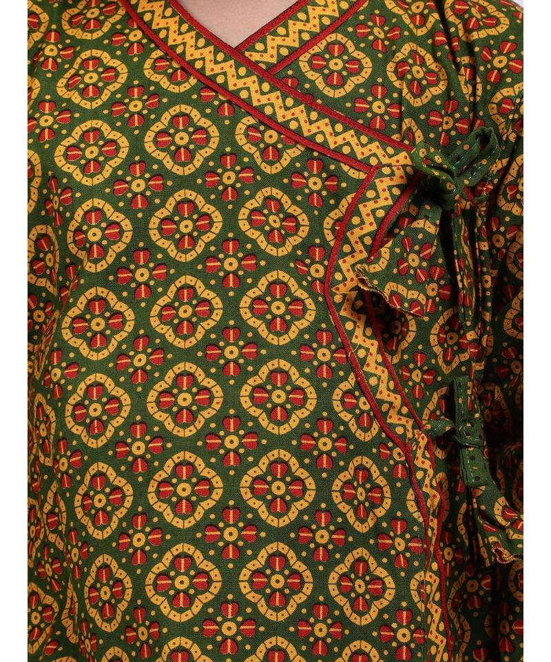 Green Printed cotton Angrakha Kurta Set
