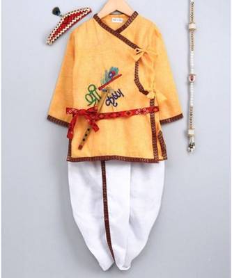 Yellow Embroidered cotton Angrakha Kurta Set With Mukut & Flute 1