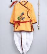 Yellow Embroidered cotton Angrakha Kurta Set With Mukut & Flute