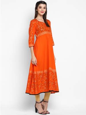 G COLLECTION Orange printed cotton cotton-kurtis 2