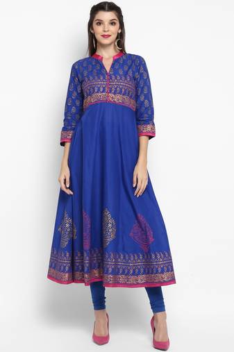 G COLLECTION Royal-blue printed cotton cotton-kurtis
