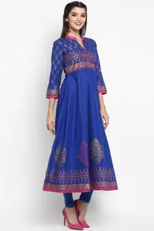 Royal-blue printed cotton cotton-kurtis