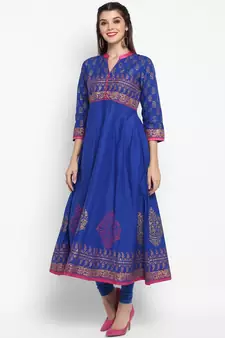 Royal-blue printed cotton cotton-kurtis
