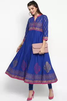 Royal-blue printed cotton cotton-kurtis