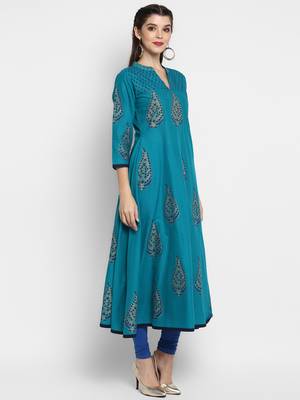 G COLLECTION Teal printed cotton cotton-kurtis 3