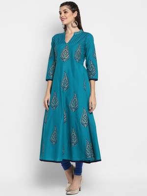 G COLLECTION Teal printed cotton cotton-kurtis 4