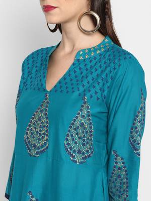 G COLLECTION Teal printed cotton cotton-kurtis 6